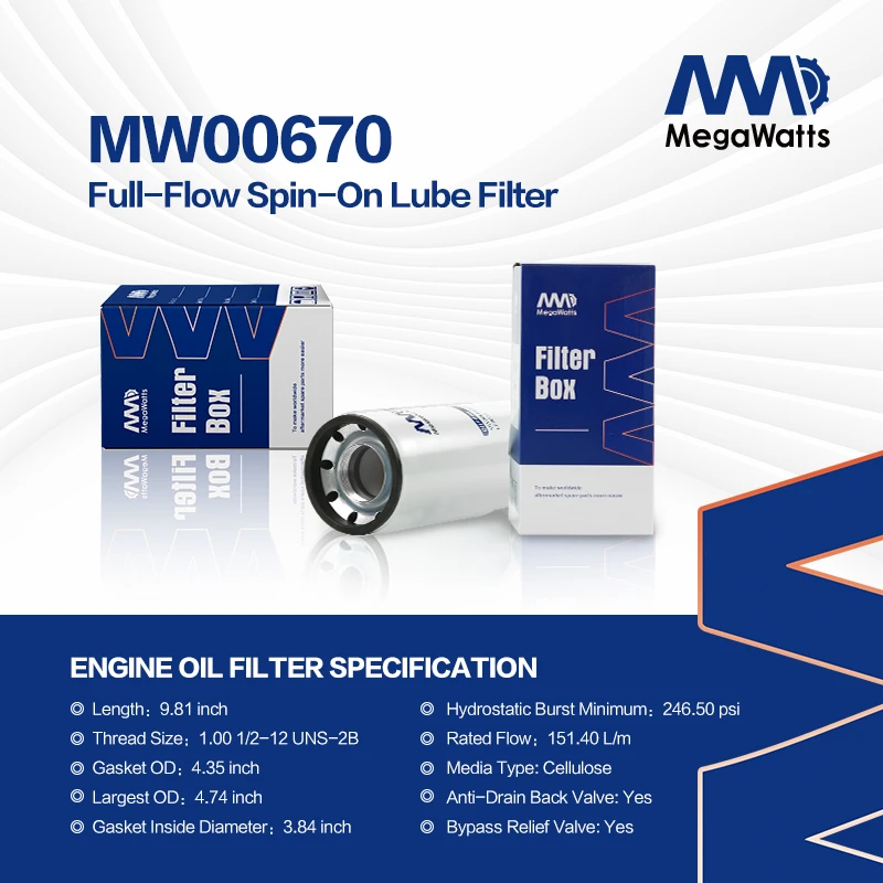 Filtro de lubricación Fleetguard LF670 MW00670 de flujo completo con rosca. Reemplaza a Baldwin B95, Donaldson P550671, Luber Finer LFP670 y Wix 51970.